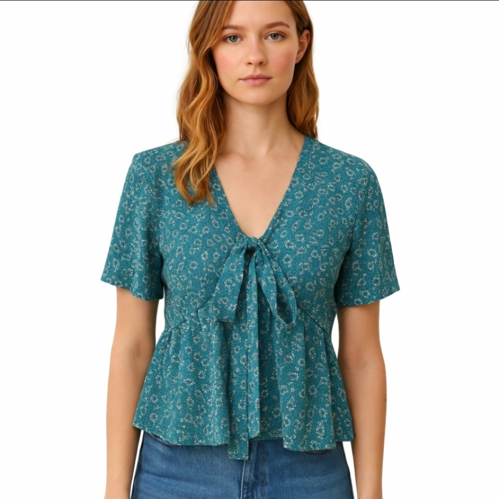 Shein Green Floral Hi-Lo Peplum Peasant Blouse Sz Med